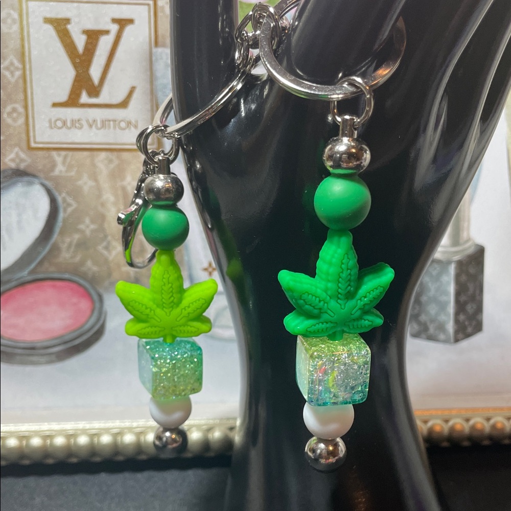 Green Leaf Keychain with Beads